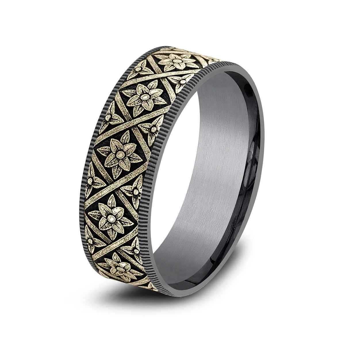 Benchmark Men's 7.5mm Thin Edge Floral Weave Wedding Ring in Grey Tantalum