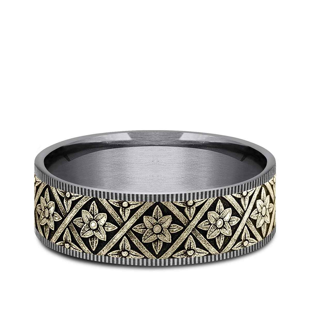 Benchmark Men's 7.5mm Thin Edge Floral Weave Wedding Ring in Grey Tantalum