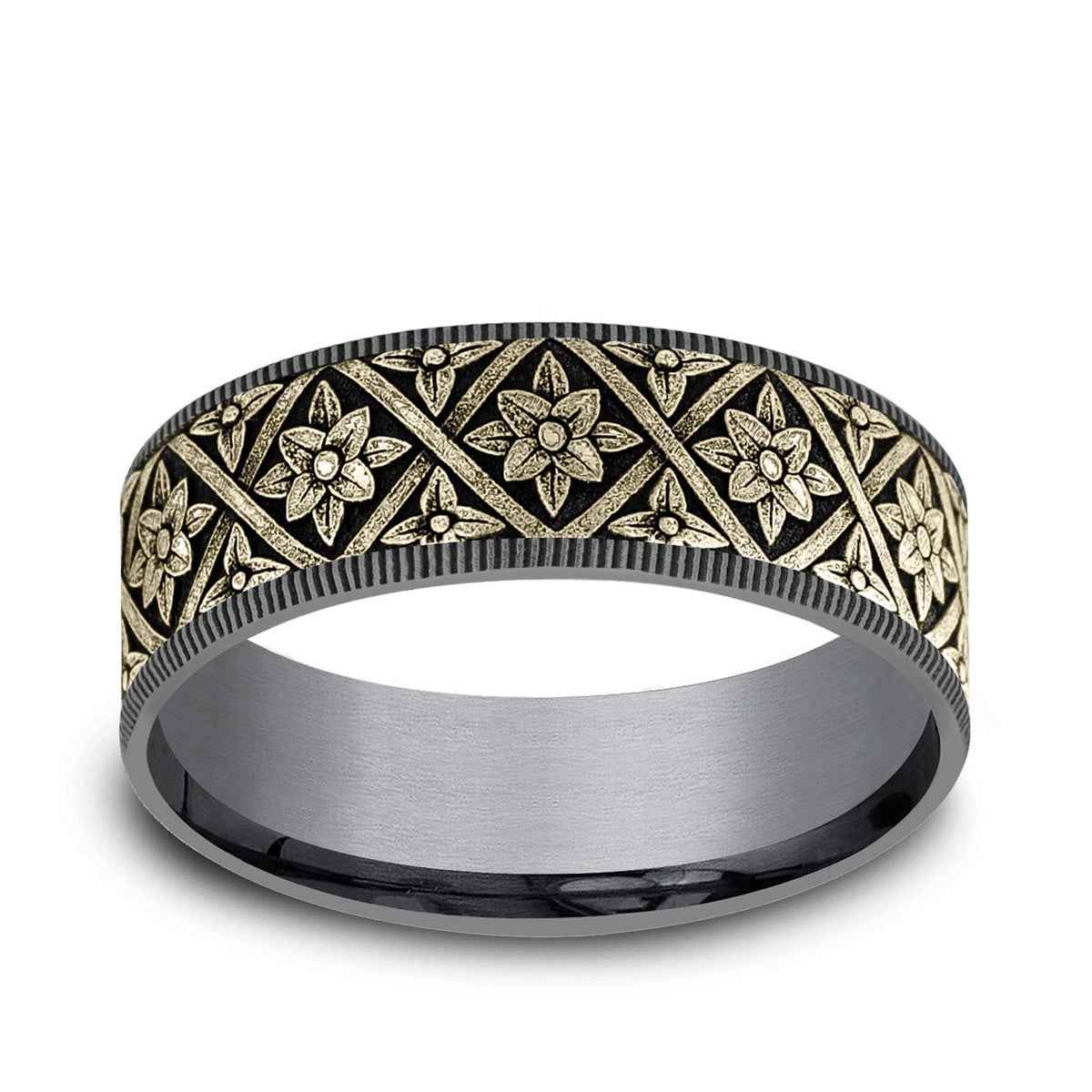 Benchmark Men's 7.5mm Thin Edge Floral Weave Wedding Ring in Grey Tantalum