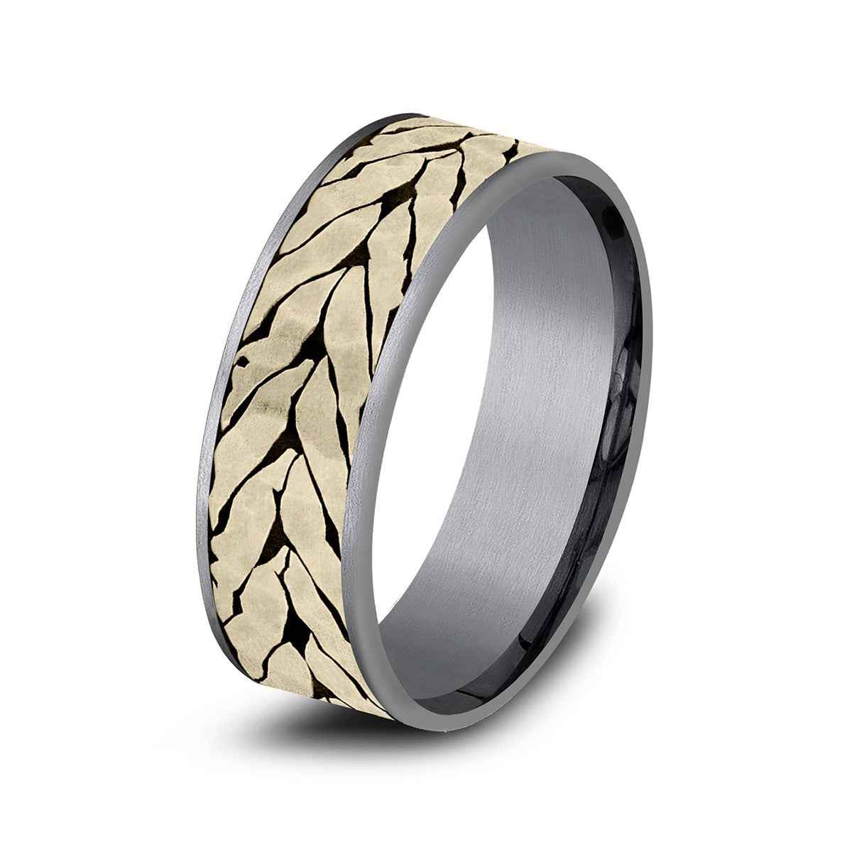 Benchmark Men's 7.5mm Hammered Chevron Wedding Ring in Grey Tantalum & 14K Yellow Gold