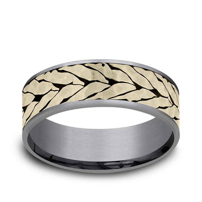 Benchmark Men's 7.5mm Hammered Chevron Wedding Ring in Grey Tantalum & 14K Yellow Gold