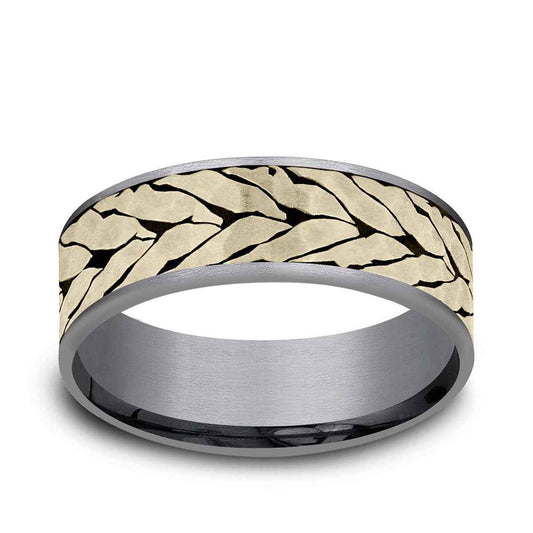 Benchmark Men's 7.5mm Hammered Chevron Wedding Ring in Grey Tantalum & 14K Yellow Gold