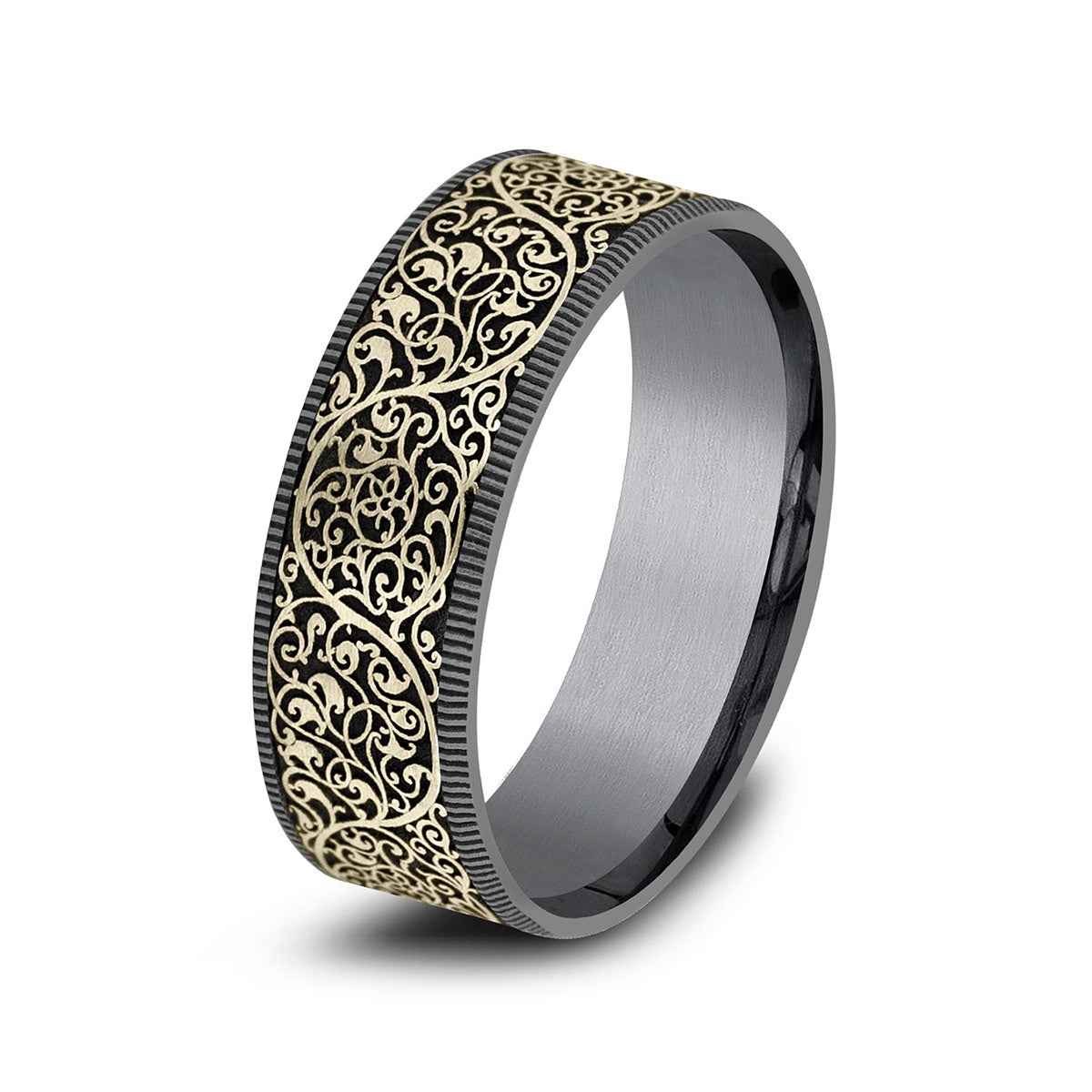 Benchmark Men's 7.5mm Arabesque Design Wedding Ring in Grey Tantalum & 14K Yellow Gold