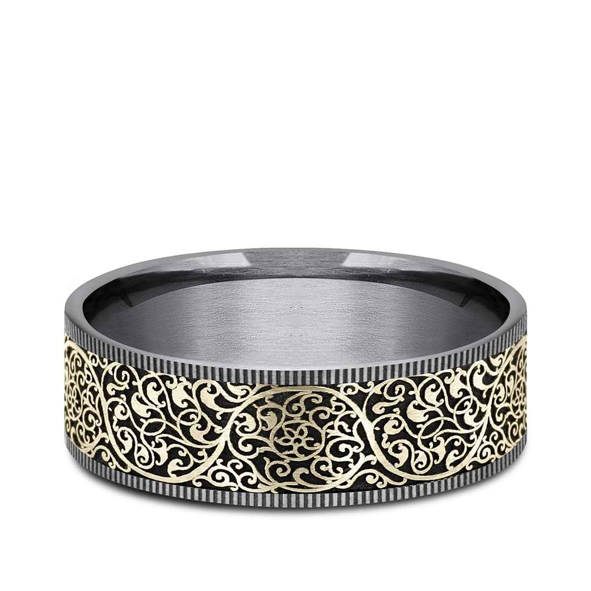Benchmark Men's 7.5mm Arabesque Design Wedding Ring in Grey Tantalum & 14K Yellow Gold