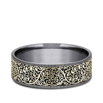 Benchmark Men's 7.5mm Arabesque Design Wedding Ring in Grey Tantalum & 14K Yellow Gold
