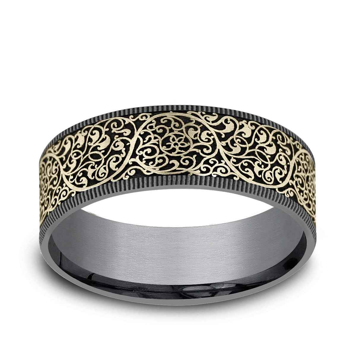 Benchmark Men's 7.5mm Arabesque Design Wedding Ring in Grey Tantalum & 14K Yellow Gold
