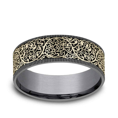 Benchmark Men's 7.5mm Arabesque Design Wedding Ring in Grey Tantalum & 14K Yellow Gold