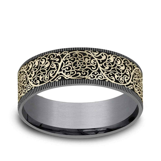 Benchmark Men's 7.5mm Arabesque Design Wedding Ring in Grey Tantalum & 14K Yellow Gold