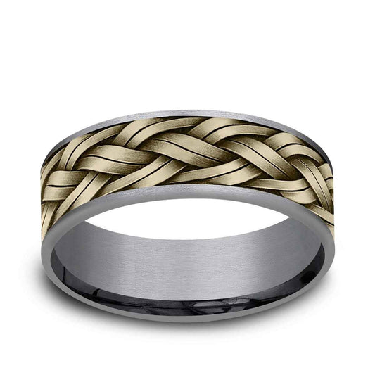 Benchmark Men's 7.5mm Braided Rope Wedding Ring in Grey Tantalum & 14K Yellow Gold