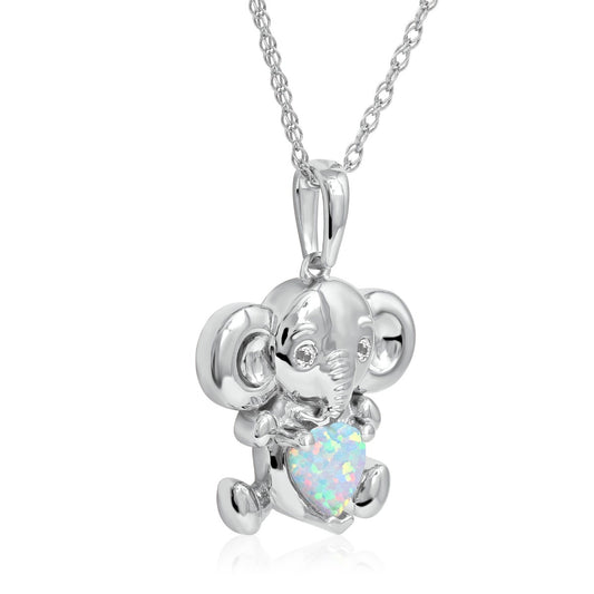Created Heart Opal & White Sapphire Elephant Pendant in Sterling Silver front view