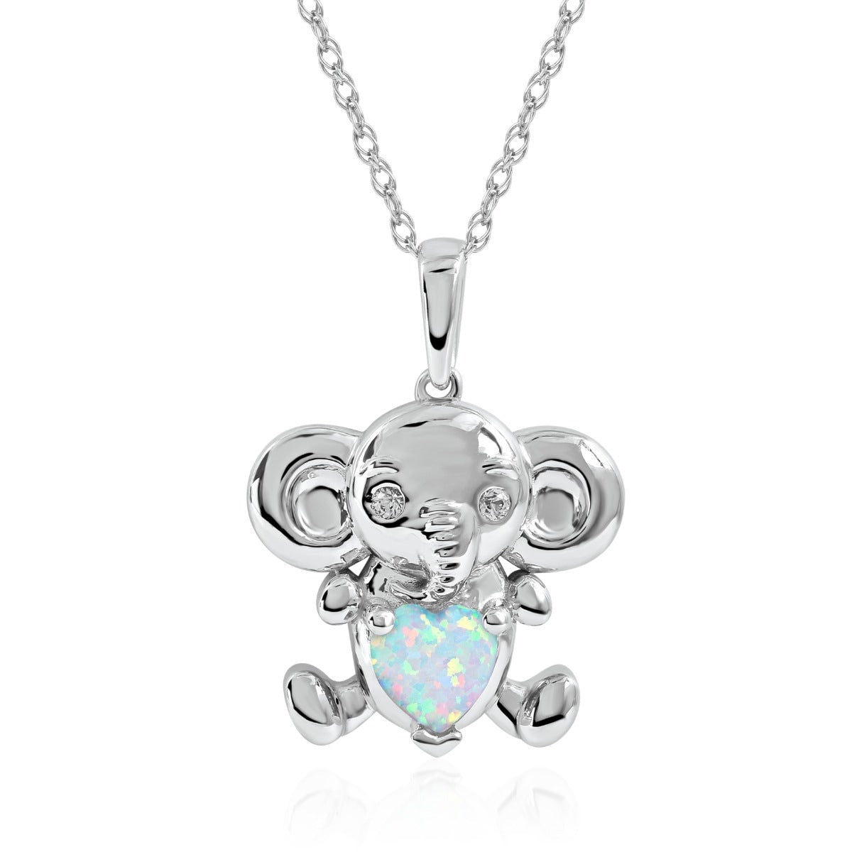 Created Heart Opal & White Sapphire Elephant Pendant in Sterling Silver