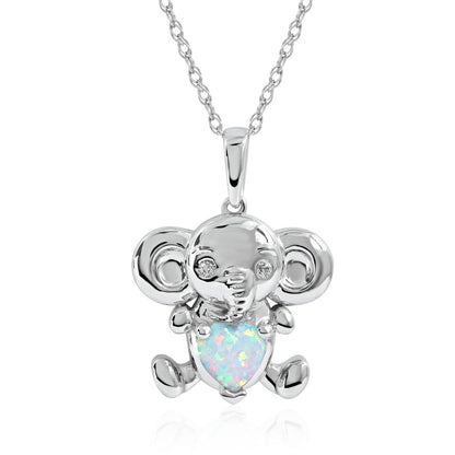 Created Heart Opal & White Sapphire Elephant Pendant in Sterling Silver