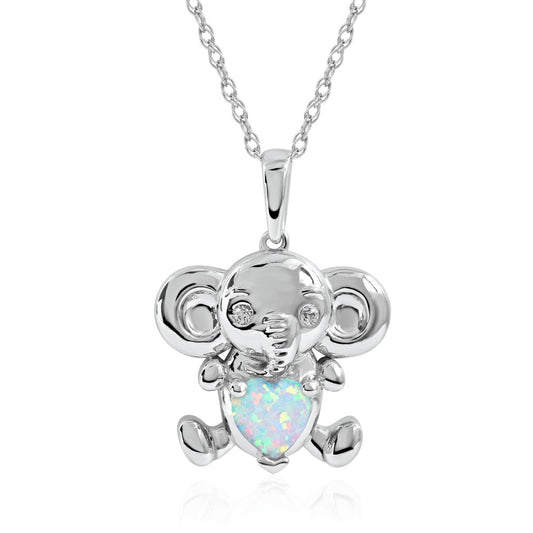 Created Heart Opal & White Sapphire Elephant Pendant in Sterling Silver