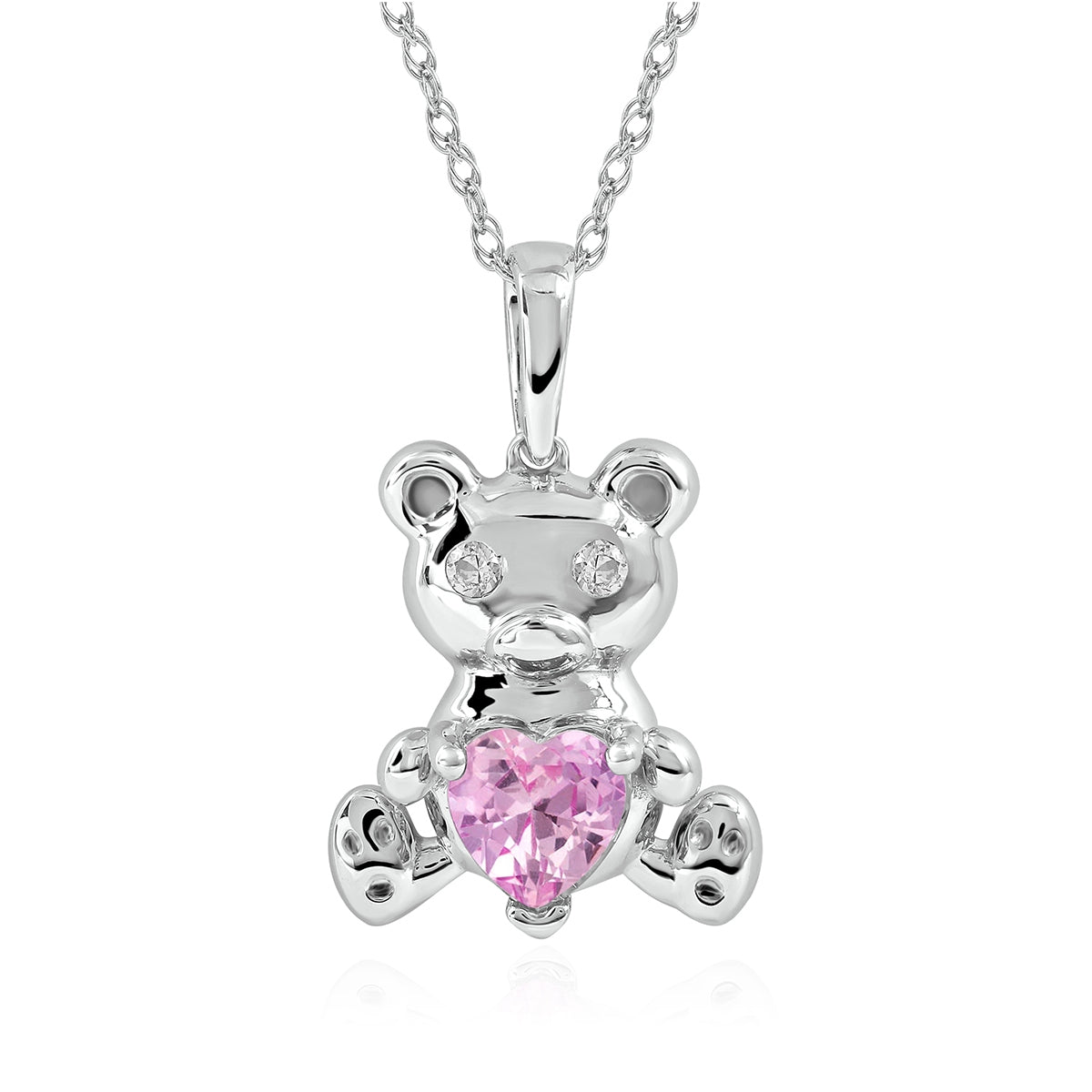 Created Heart Pink & White Sapphire Teddy Bear Pendant in Sterling Silver