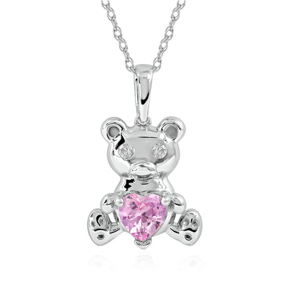 Created Heart Pink & White Sapphire Teddy Bear Pendant in Sterling Silver