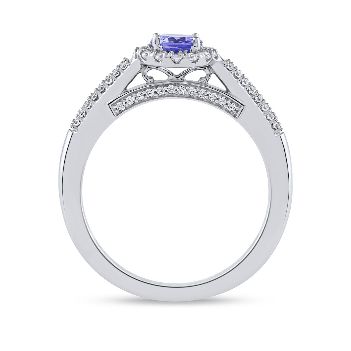 Tanzanite & 1/4 ct. tw. Diamond Halo Engagement Ring in 14K White Gold close-up detail