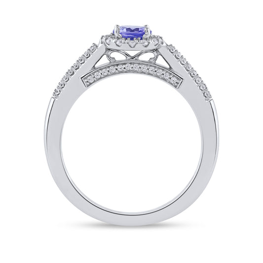 Tanzanite & 1/4 ct. tw. Diamond Halo Engagement Ring in 14K White Gold close-up detail