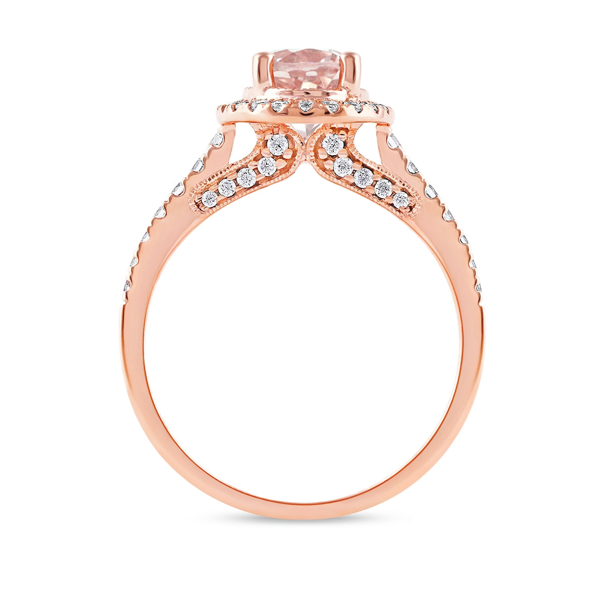 Oval Morganite & 3/8 ct. tw. Diamond Halo Engagement Ring in 14K Pink Gold close-up detail