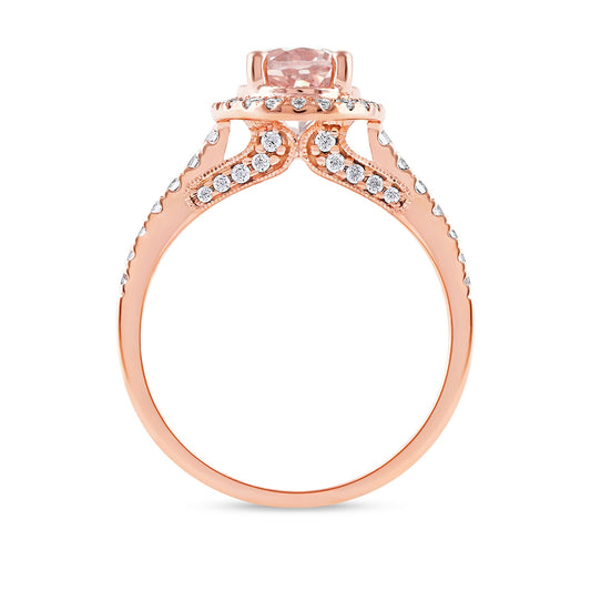 Oval Morganite & 3/8 ct. tw. Diamond Halo Engagement Ring in 14K Pink Gold close-up detail