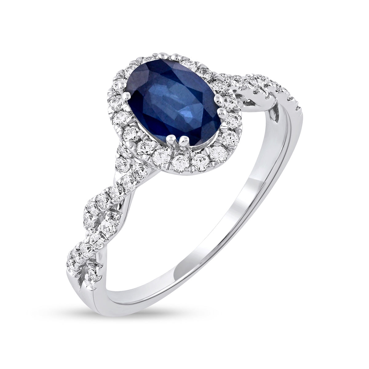 Oval Sapphire & 1/3 ct. tw. Diamond Halo Twist Engagement Ring in 14K White Gold front view