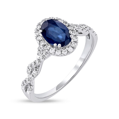 Oval Sapphire & 1/3 ct. tw. Diamond Halo Twist Engagement Ring in 14K White Gold front view