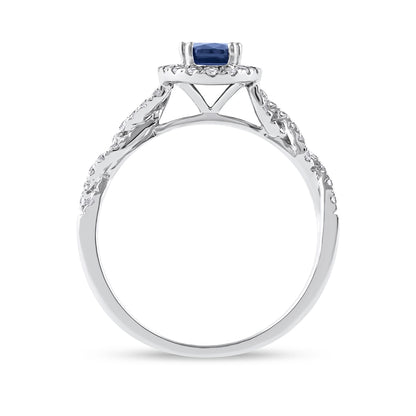 Oval Sapphire & 1/3 ct. tw. Diamond Halo Twist Engagement Ring in 14K White Gold close-up detail