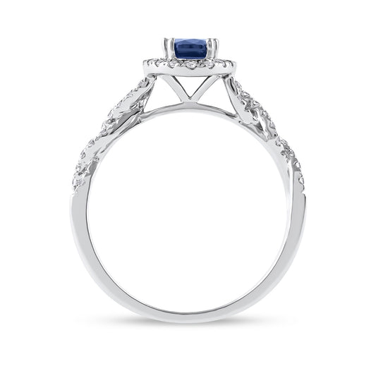Oval Sapphire & 1/3 ct. tw. Diamond Halo Twist Engagement Ring in 14K White Gold close-up detail