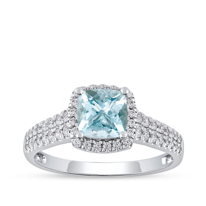 Cushion Aquamarine & 1/3 ct. tw. Diamond Halo Engagement Ring in 14K White Gold