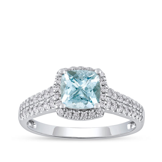 Cushion Aquamarine & 1/3 ct. tw. Diamond Halo Engagement Ring in 14K White Gold