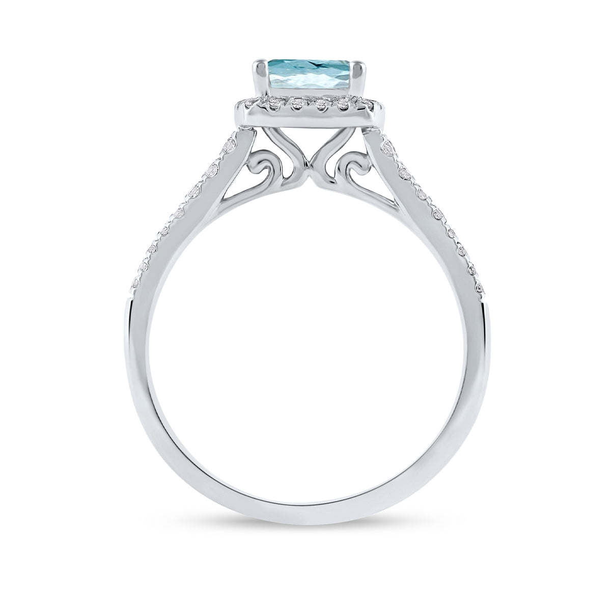 Cushion Aquamarine & 1/3 ct. tw. Diamond Halo Engagement Ring in 14K White Gold close-up detail