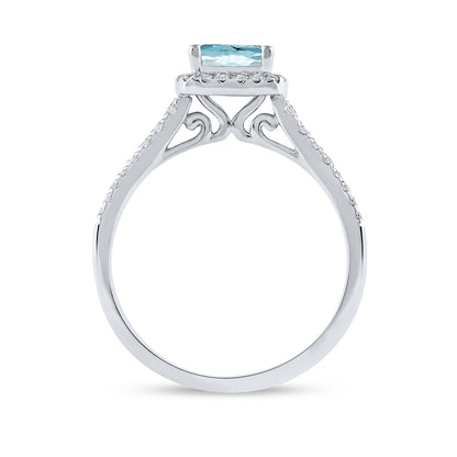 Cushion Aquamarine & 1/3 ct. tw. Diamond Halo Engagement Ring in 14K White Gold close-up detail