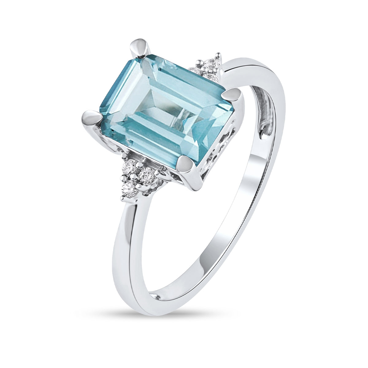 Emerald Cut Aquamarine & Diamond Accent Engagement Ring in 14K White Gold front view