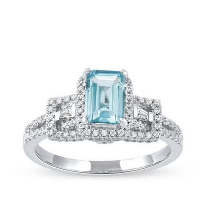 Emerald Cut Aquamarine & 1/2 ct. tw. Round & Baguette Diamond Halo Engagement Ring in 14K White Gold
