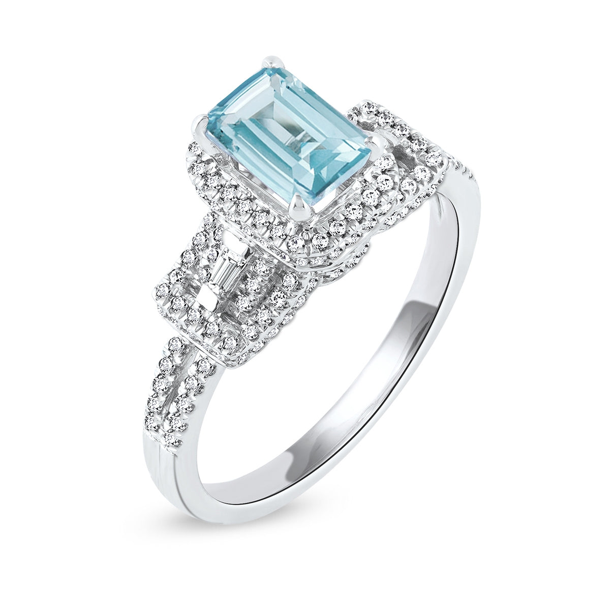 Emerald Cut Aquamarine & 1/2 ct. tw. Round & Baguette Diamond Halo Engagement Ring in 14K White Gold front view