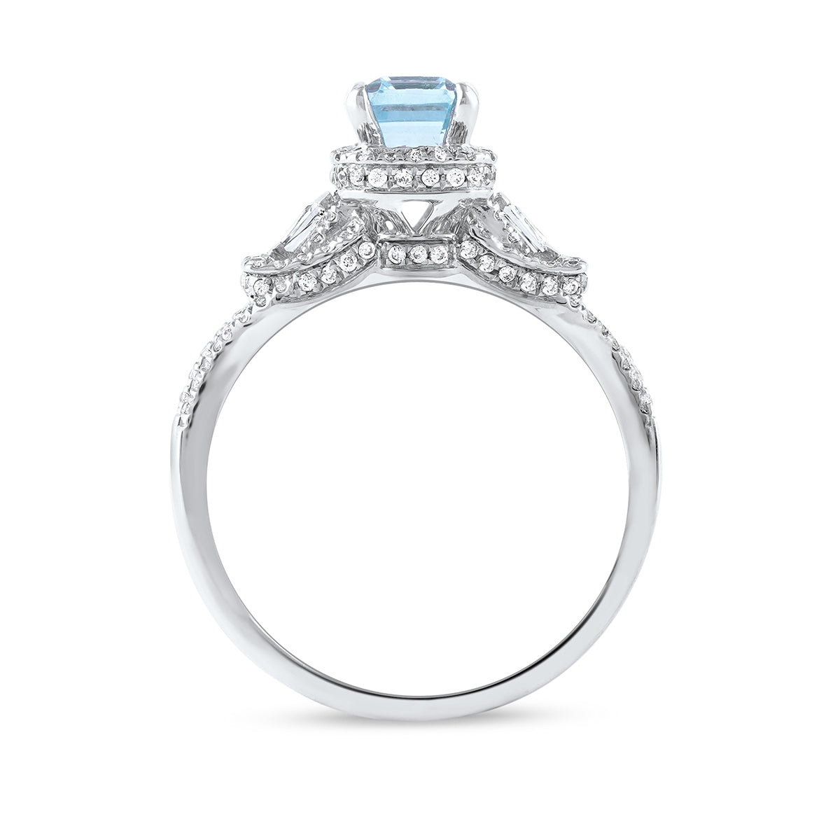 Emerald Cut Aquamarine & 1/2 ct. tw. Round & Baguette Diamond Halo Engagement Ring in 14K White Gold close-up detail