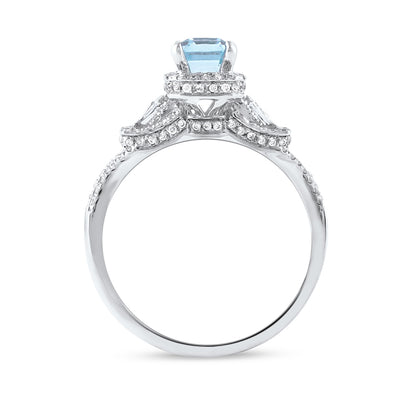 Emerald Cut Aquamarine & 1/2 ct. tw. Round & Baguette Diamond Halo Engagement Ring in 14K White Gold close-up detail