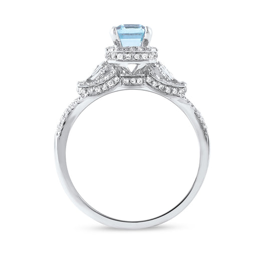Emerald Cut Aquamarine & 1/2 ct. tw. Round & Baguette Diamond Halo Engagement Ring in 14K White Gold close-up detail