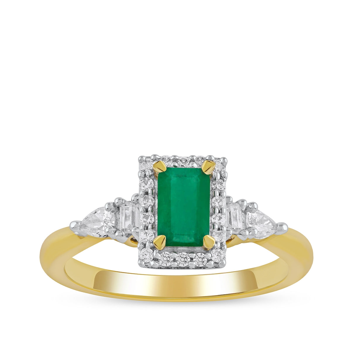 Emerald Cut Emerald & 1/4 ct. tw. Pear & Round Diamond Halo Ring in 14K Yellow Gold