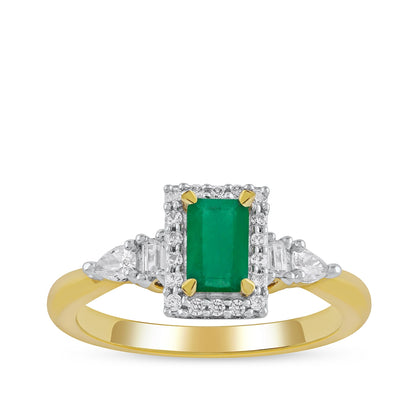Emerald Cut Emerald & 1/4 ct. tw. Pear & Round Diamond Halo Ring in 14K Yellow Gold