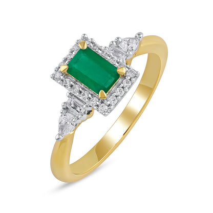 Emerald Cut Emerald & 1/4 ct. tw. Pear & Round Diamond Halo Ring in 14K Yellow Gold front view