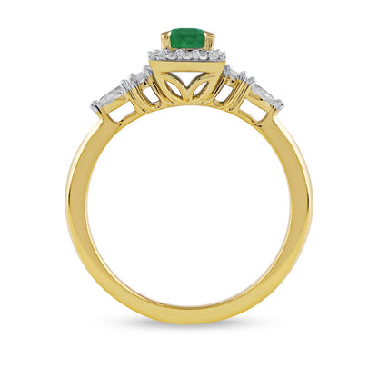 Emerald Cut Emerald & 1/4 ct. tw. Pear & Round Diamond Halo Ring in 14K Yellow Gold close-up detail