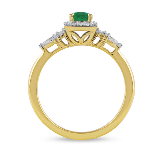 Emerald Cut Emerald & 1/4 ct. tw. Pear & Round Diamond Halo Ring in 14K Yellow Gold close-up detail