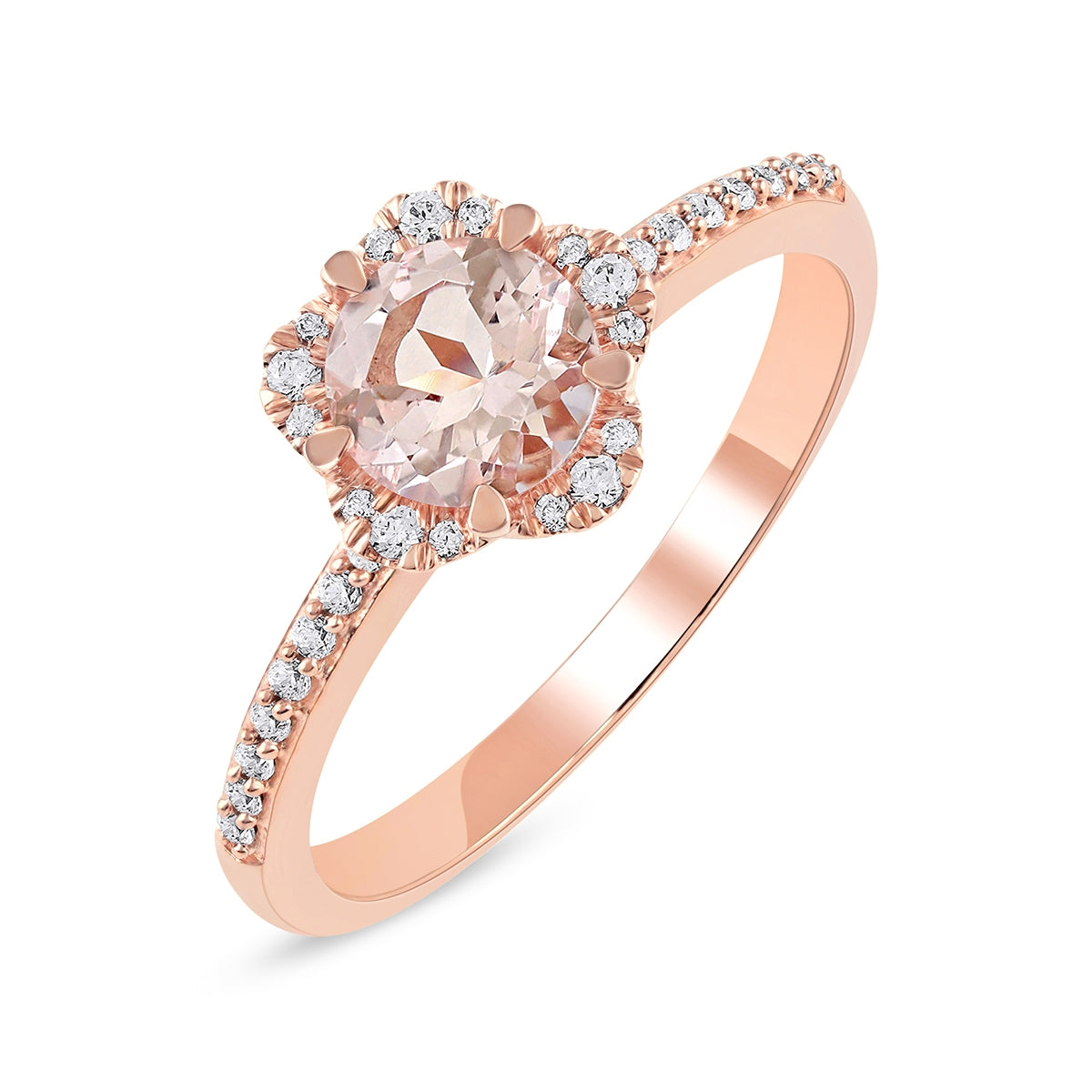 Morganite & 1/6 ct. tw. Diamond Scalloped Halo Engagement Ring in 14K Pink Gold front view