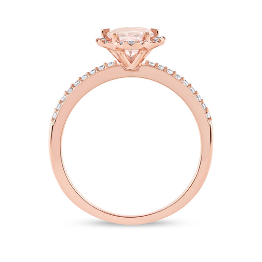 Morganite & 1/6 ct. tw. Diamond Scalloped Halo Engagement Ring in 14K Pink Gold close-up detail