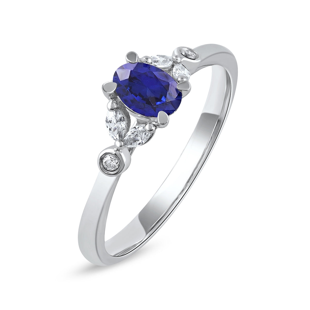 Oval Sapphire & 1/6 ct. tw. Marquise & Round Diamond Engagement Ring in 14K White Gold front view