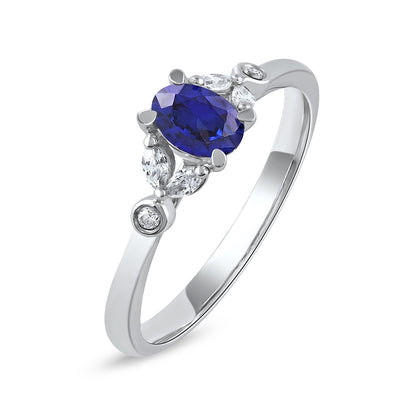 Oval Sapphire & 1/6 ct. tw. Marquise & Round Diamond Engagement Ring in 14K White Gold front view