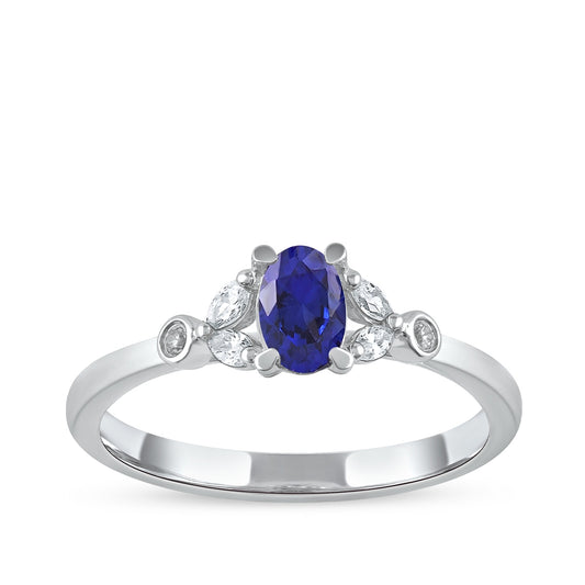 Oval Sapphire & 1/6 ct. tw. Marquise & Round Diamond Engagement Ring in 14K White Gold