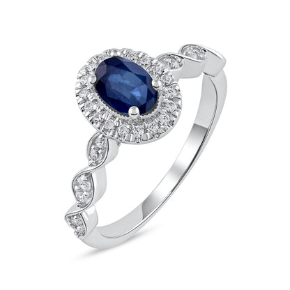 Oval Sapphire & 1/5 ct. tw. Diamond Halo Twist Engagement Ring in 14K White Gold front view