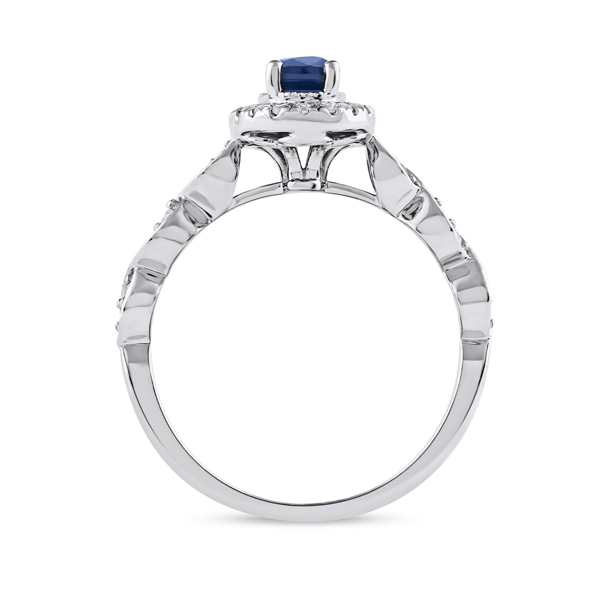 Oval Sapphire & 1/5 ct. tw. Diamond Halo Twist Engagement Ring in 14K White Gold close-up detail