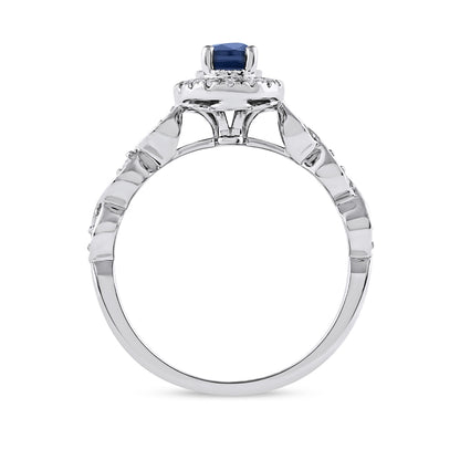 Oval Sapphire & 1/5 ct. tw. Diamond Halo Twist Engagement Ring in 14K White Gold close-up detail